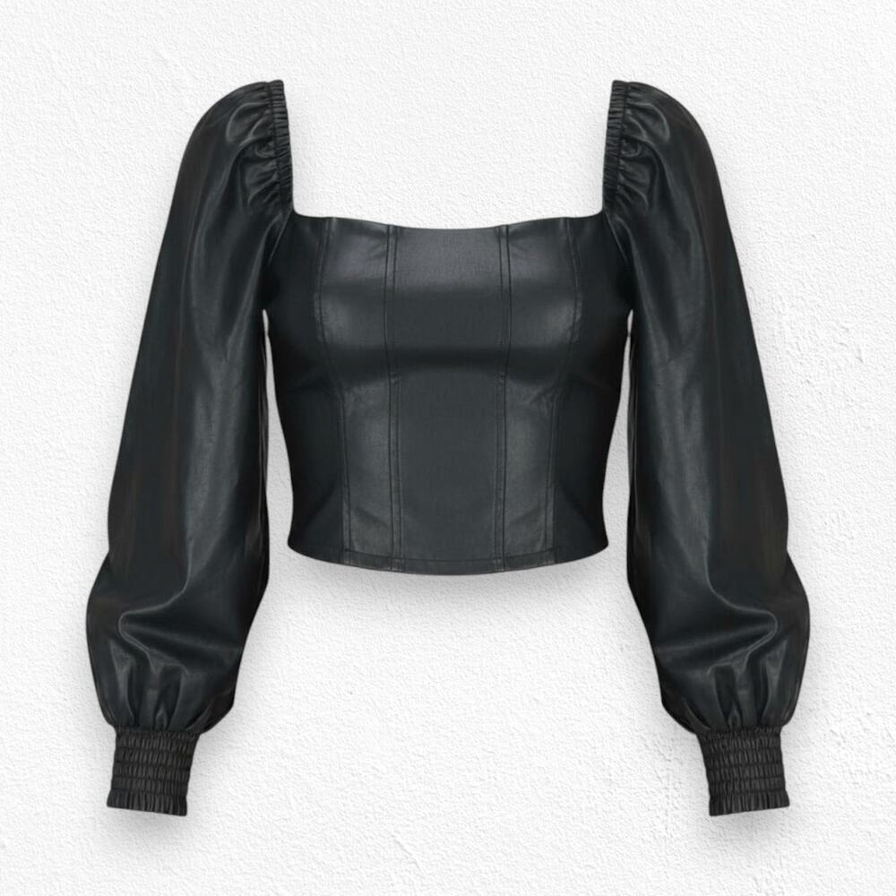 7 For All Mankind Black Faux Leather Corset Crop Top Puff Sleeve Top Size XS NWT